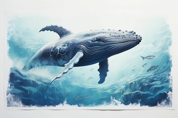 Wall Mural - AI generated illustration of watercolor of a whale swimming peacefully alongside a school of fish