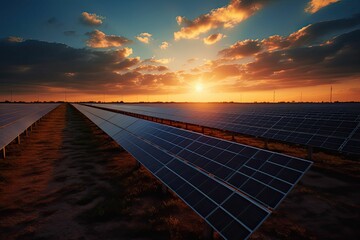 Wall Mural - AI generated illustration of solar farm in the desert at sunrise