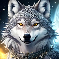 Sticker - AI generated gray wolf with yellow eyes and patterned forehead