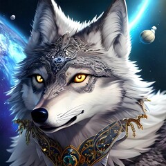 Sticker - AI generated gray wolf with yellow eyes and patterned forehead