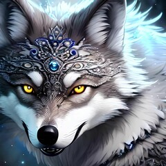 Sticker - AI generated gray wolf with yellow eyes and patterned forehead