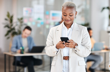 Poster - Phone, business and black woman typing, happy and social media in company. Smartphone, networking and African professional reading email, message and news on internet, app or texting online in office