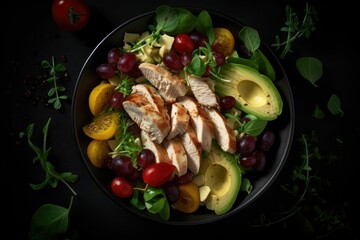 Poster - AI generated illustration of a bowl of salad with chicken breast and vegetables