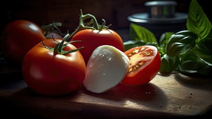 Poster - AI generated illustration of tomato and mozzarella served with greens