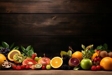 AI Generated Illustration Of An Array Of Colorful Fruits And Vegetables Arranged On A Wooden Surface