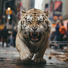 Sticker - AI generated tiger running through a busy city street,