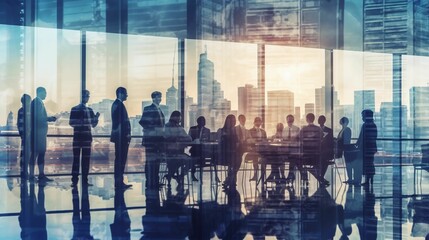 Wall Mural - ai generated illustration of silhouettes of businesspeople in an expansive room with glass walls