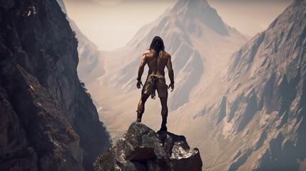 Sticker - Man with long, dark hair standing on top of a cliff overlooking the mountains. AI-generated.