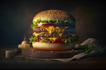 Sticker - AI generated illustration of a delicious cheeseburger on a dark background