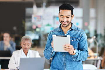 Tablet, agency and web developer working or employee happy for startup programming on a website, web or internet. Smile, technology and businessman in typing in an office for an online proposal
