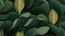 Abstract Pattern With Green And Gold Leaves. Illustration In Retro And Art Deco Style.