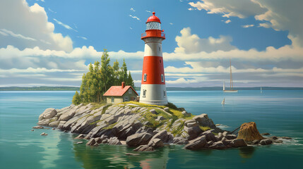 Wall Mural - Low angle shot of a red and white lit lighthouse. Generative ai