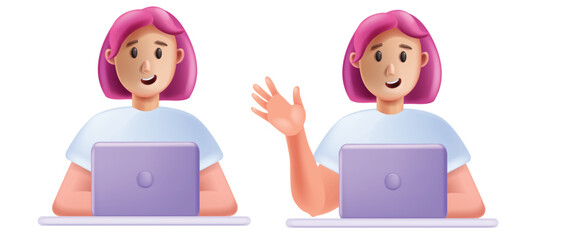 3D woman laptop, vector person home office, cartoon female freelance character, smiling young worker. Online education university student concept happy businessman wave hand. Sitting woman use laptop