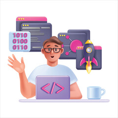 3D programmer male vector character, cartoon young webdesign freelancer, code sign, laptop. Remote technology worker, young sitting man student studying UX. 3D programmer engineer illustration, window