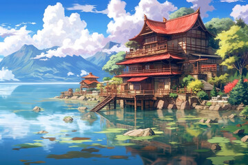 Wall Mural - landscape with lake and village, anime cartoon style, wallpaper, background