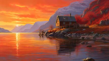 Poster - Rotes Haus am Fjord im Sonnenaufgang. Generative ai