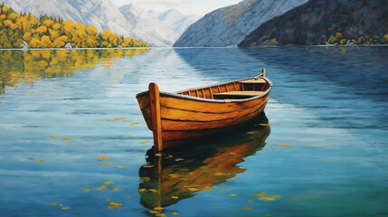 Wall Mural - Wooden boat on the shore of a large beautiful calm lake. Generative ai