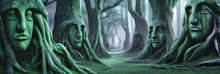 The Magic Of The Tree Faces - An Adventure In The Fantasy Fores. Dark Misty Forest With Trees That Have Scary Faces. Generative AI