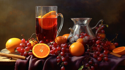 Glass of mulled wine with orange and spices. Generative ai