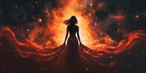 Wall Mural - woman in a long red dress standing in a dark space with smoke