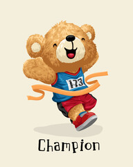 vector illustration of hand drawn teddy bear winning a race