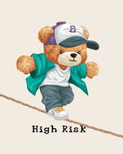 Vector Illustration Of Hand Drawn Teddy Bear Walking On Tightrope