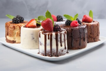 Wall Mural - Assorted different mini cakes with cream, chocolate and berries