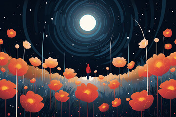 Wall Mural - illustration of a flowery meadow in a dark cosmic theme. generative ai