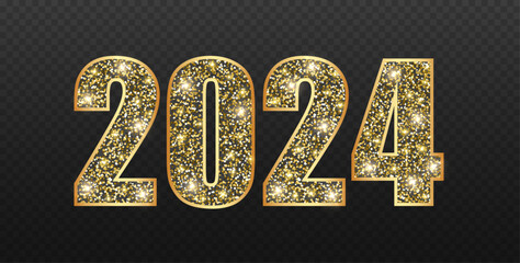 2024 Numerals with dark base and gold frame, confetti, glitter and glow. Expensive luxury decor. Sparkle mood. New Year and Christmas. Numbers vector isolated on dark background