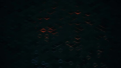 3D render futuristic animated background from rhomb shapes with neon back lighting, minimal diamonds grid tiles pattern with random objects displacement, 4K live wallpaper