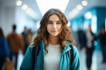 Female high school student standing in modern College or University hallway. Generative AI illustration