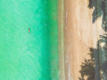 Aerial View Of Person Snorkeling And Swimming In Transparent Sea On Sairee Beach On Ko Tao Island, Thailand.