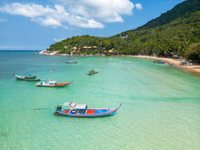 Aerial View Of Longtail Boat On Sairee Beach On Ko Tao Island, Thailand.