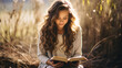 Pretty young woman reading bible book. AI generated