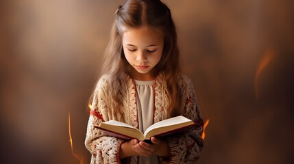 cute child girl reading bible book. worship at home. ai generated