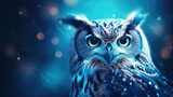 Fototapeta Dziecięca - Ice blue great horned owl bird in foreground with snow bokeh blurred background, artistic up close avian portrait - generative AI