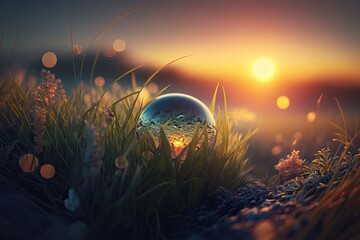 Canvas Print - Globe in grass at sunset time