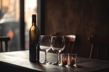 Restaurant background with two wine glasses and a wine bottle on table, copy space