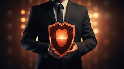 Wall Mural - Businessman holding shield protect icon. Protection network security computer and safe your data concept, lock symbol, concept about security, cybersecurity and protection against, Generative Ai