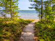 Boardwalk to the beach in Big Bay State Park on Lake Superior on Madeline Island in the Apostle Islands National Lakeshore in Wisconsin USA