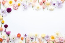 Frame With Little Colorful Flowers On Clear White Background. Greeting Card Template For Wedding, Mothers Or Womans Day. Springtime Composition With Copy Space. Flat Lay Style