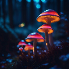 Image of glowing mushrooms in forest at twilight, created by artificial intelligence. Stock image.