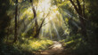 © Eduardo - A forest path leading into the unknown with sunlight passing through trees Generative Ai