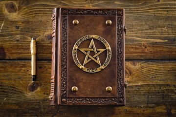 Wall Mural - Aged leather book cover, design with the pentagram which contain embossed Latin names of five elements. Translated to English it is: Earth, Water, Fire, Air and Space.