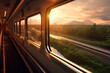 The train view from the window. Panoramic and free view, perspective, rest in motion, vacation freedom. Relaxation. It beckons the unknown in the future. Sunset through the window.