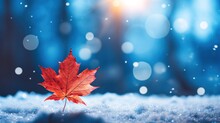 Snow Background With A Red Leaf And Bokeh Lighting Effects Generative AI Illustration