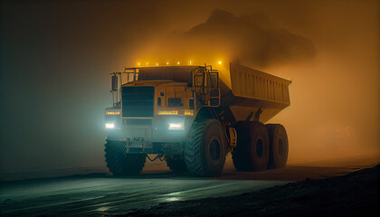 Wall Mural - Large quarry dump truck in coal mine sunny day with blue clouds. Mining equipment for the transportation of minerals