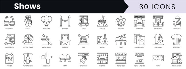 Wall Mural - Set of outline shows icons. Minimalist thin linear web icon set. vector illustration.