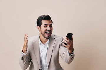 man suit portrait call business adult smile hold happy phone smartphone