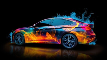 Car with airbrushing and neon lights on a dark background. AI generation	
